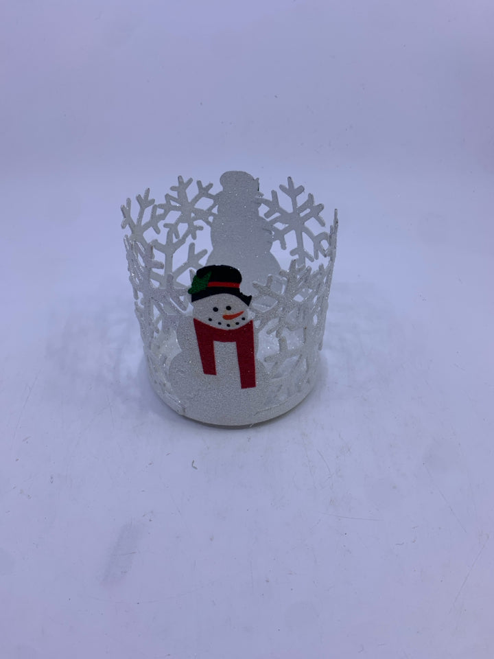 WHITE GLITTER METAL SNOWMAN CANDLE SLEEVE.