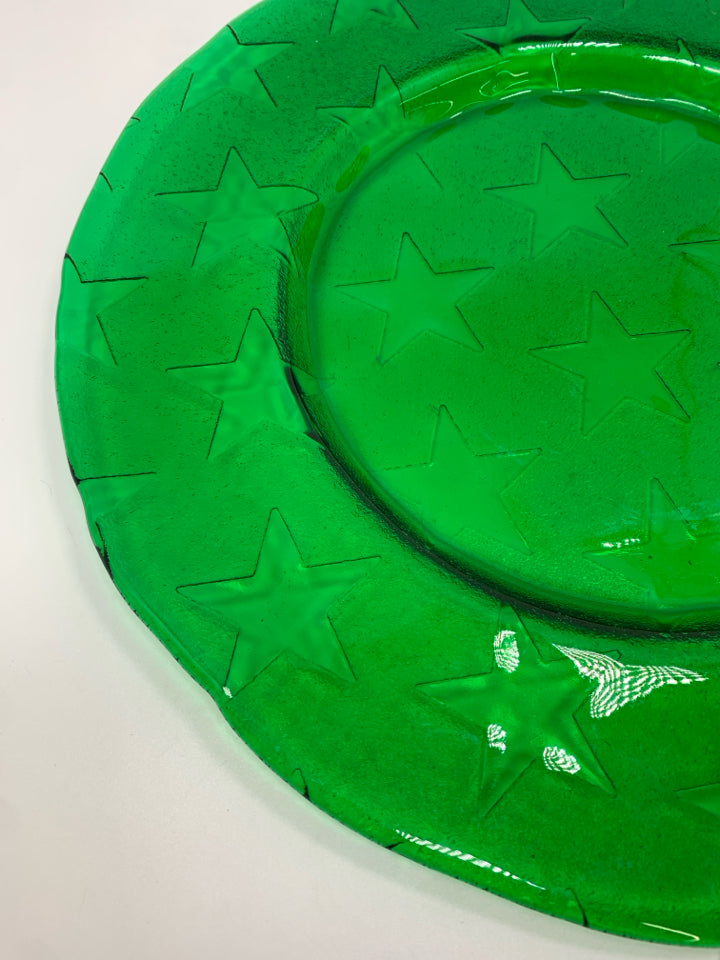 GREEN GLASS PLATE W/EMBOSSED STARS.