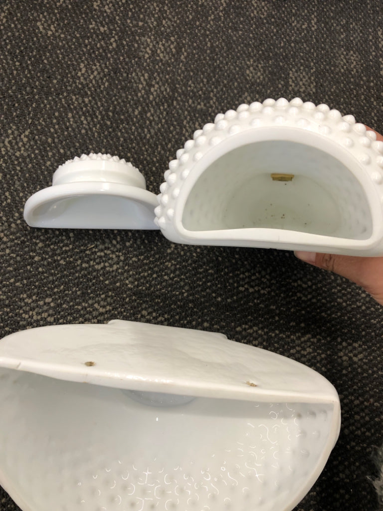 2pc VTG HOBNAIL WALL FOUNTAIN- MILK GLASS SPOUT WATER HOLDER W DRIP BASIN.