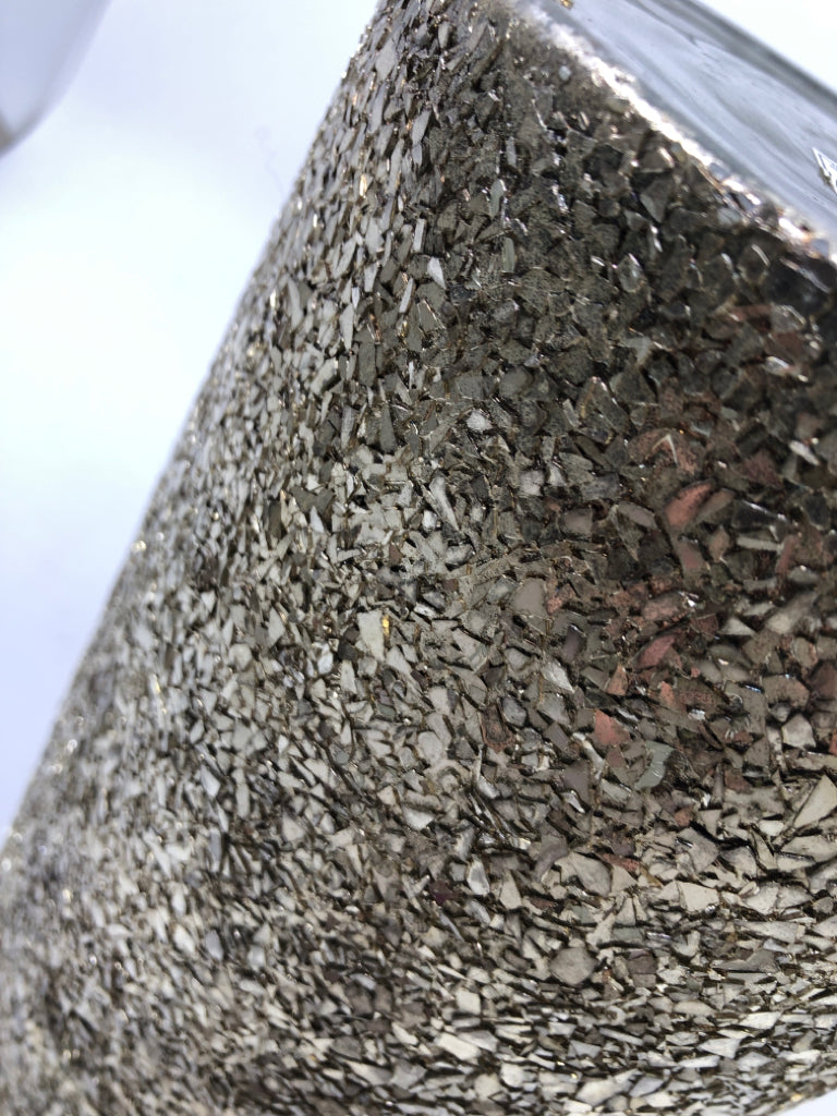 SILVER CRACKLE CYLINDER CANDLE HOLDER.