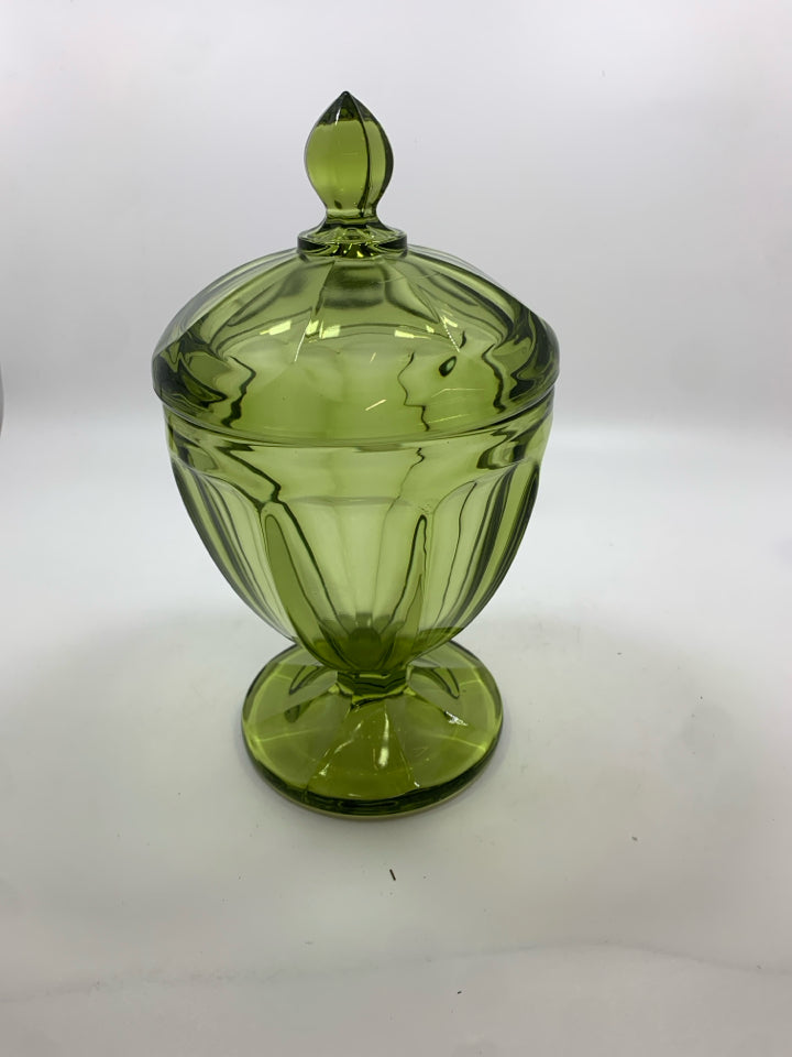 VTG THICK GREEN GLASS FOOTED COVERED DISH.