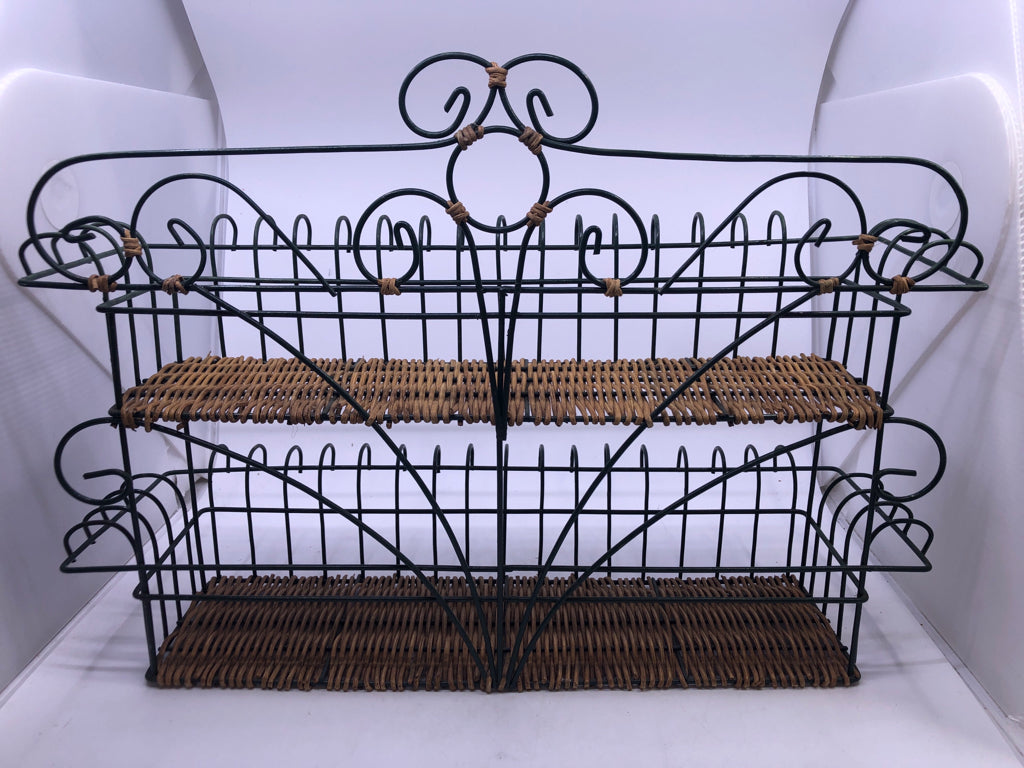 2 TIER GREEN METAL WALL SHELF W/ WICKER BOTTOM.