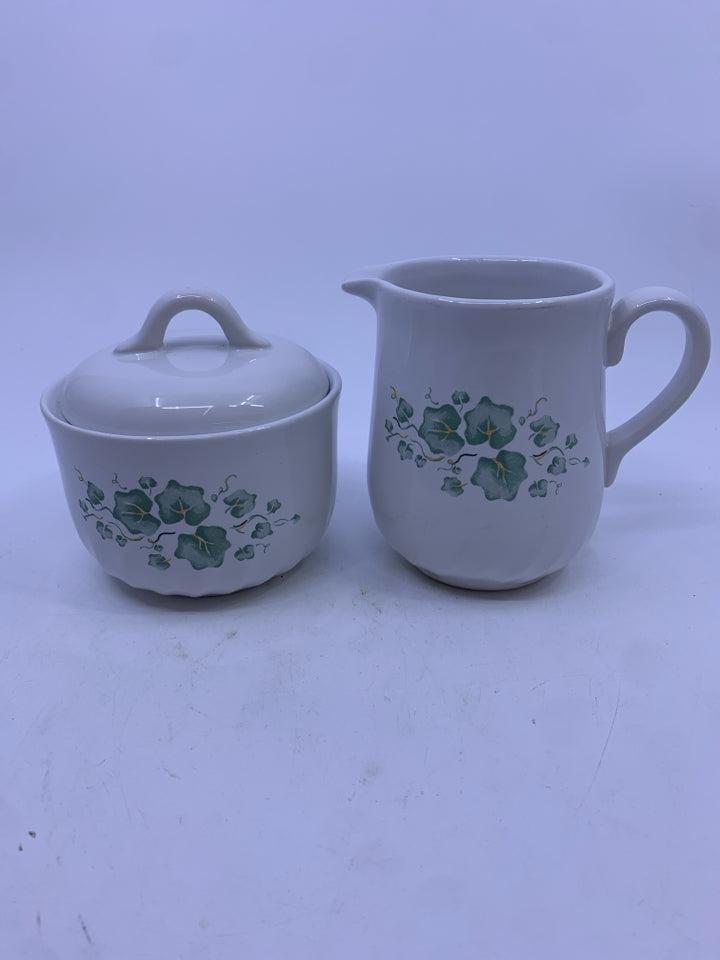 2PC CORELLE GREEN LEAF SUGAR AND CREAMER SET.