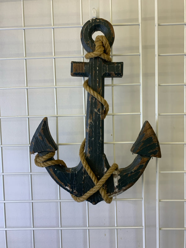 DISTRESSED BLUE ANCHOR W/ ROPE WALL HANGING.