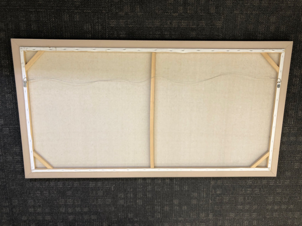 LARGE CANVAS W/ YELLOW TREES IN A ROW W/ DARK BROWN FRAME.