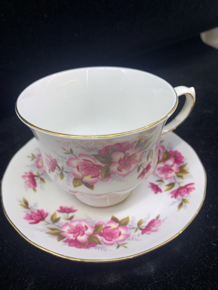 VTG PINK FLORAL W GOLD RIM TEACUP AND SAUCER.