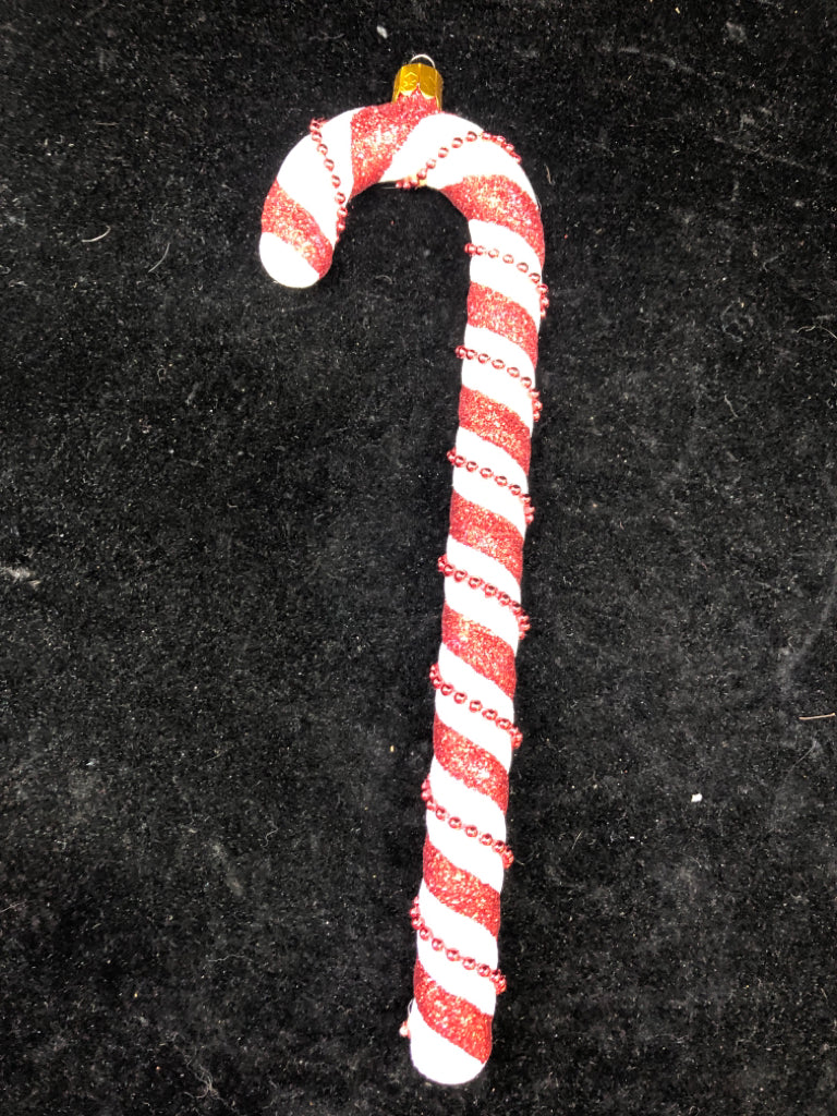 GLITTER RED/WHITE CANDY CANE ORNAMENT.