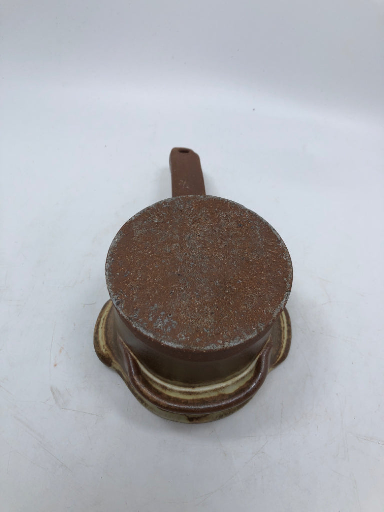 BROWN GLAZED POTTERY BUTTER WARMER.