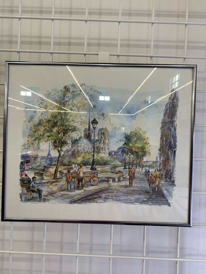PARIS STREET WATERCOLOR IN SILVER FRAME.