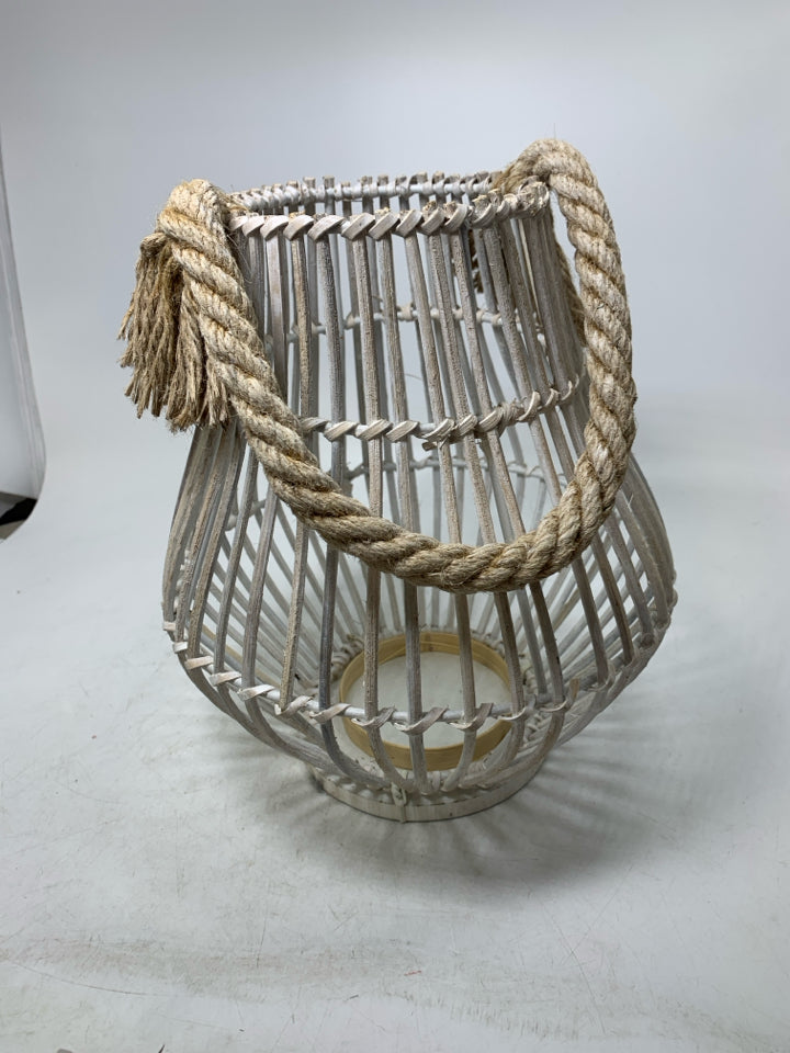 WHITE WASHED STICK LANTERN W/ BRAIDED HANDLE.