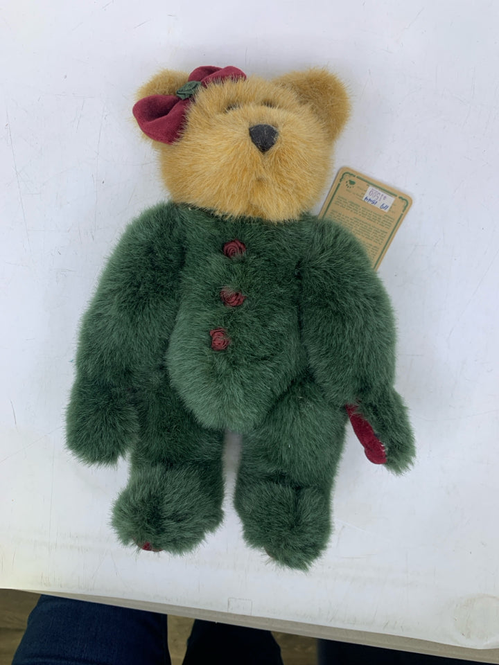 CARMEL/GREEN BEAR W/ BOW/BUTTONS.