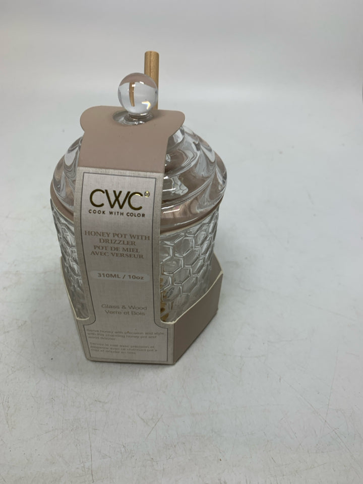 NIB CWC GLASS HONEY POT W/ DRIZZLER.