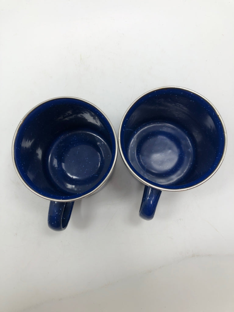 2 BLUE SPECKLED METAL MUGS.