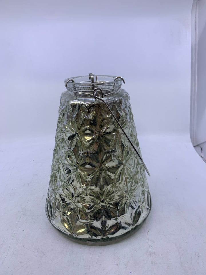 LARGE HEAVY MERCURY TEXTURED GLASS TEAL LIGHT LANTERN.