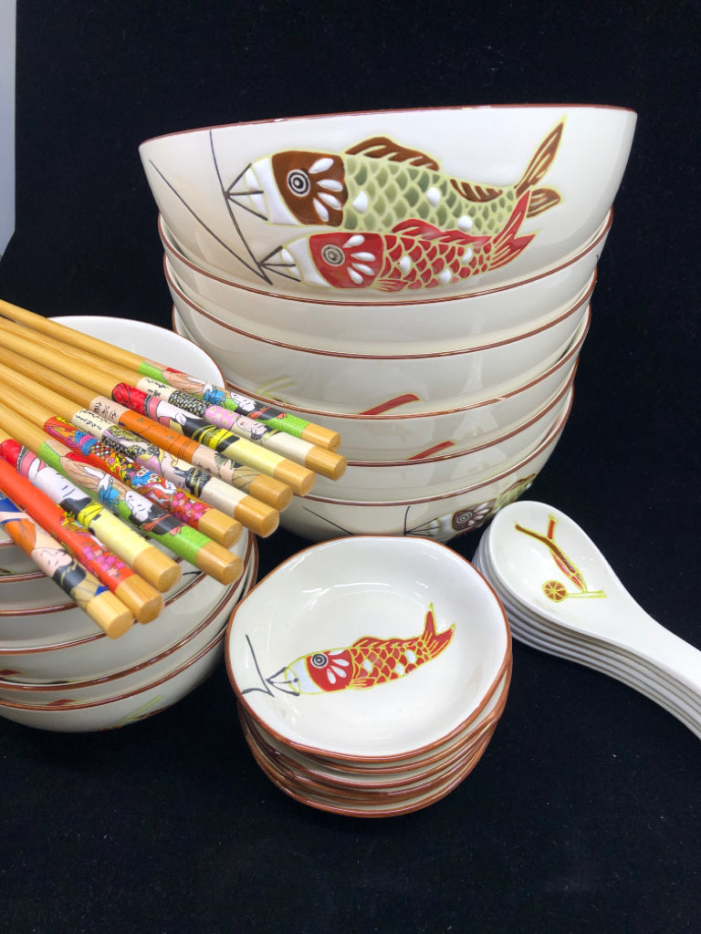 24 PC WHITE FISH PAINTED RAMEN BOWL SET - 6 LARGE BOWLS, 6 SMALL BOWLS, 6 SOY SA