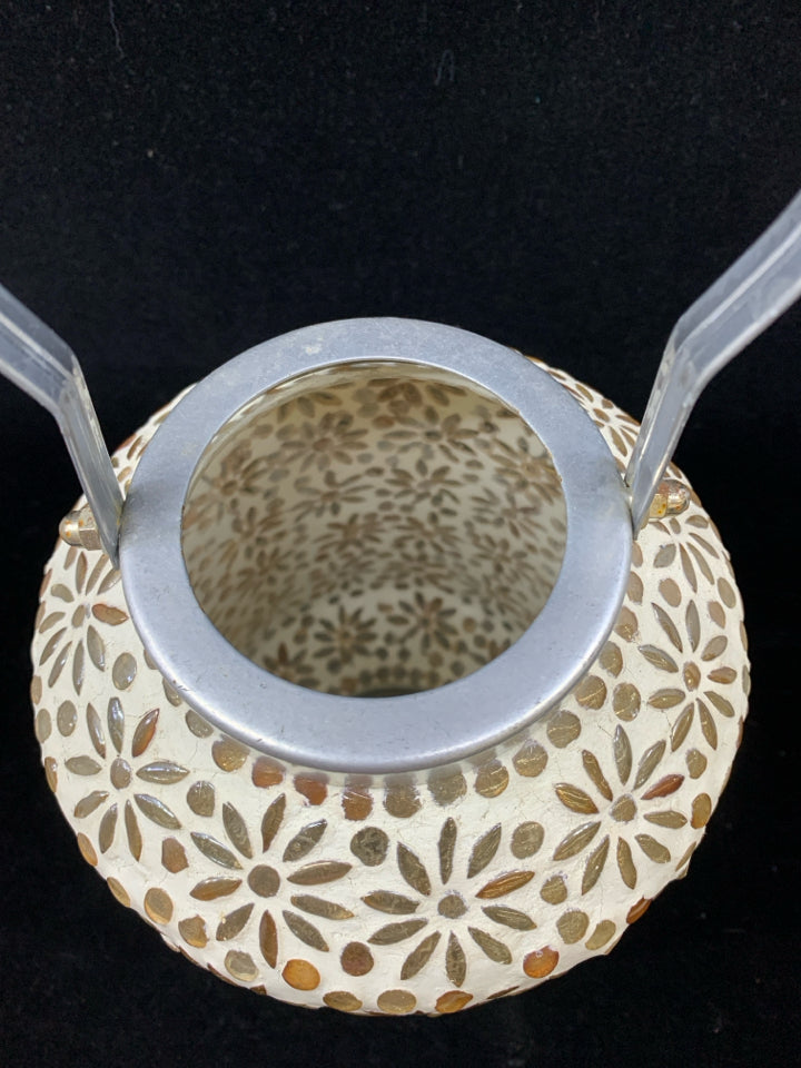 CERAMIC LANTERN W/GOLD GLASS GEMS FLORAL & TIN HANDLE.