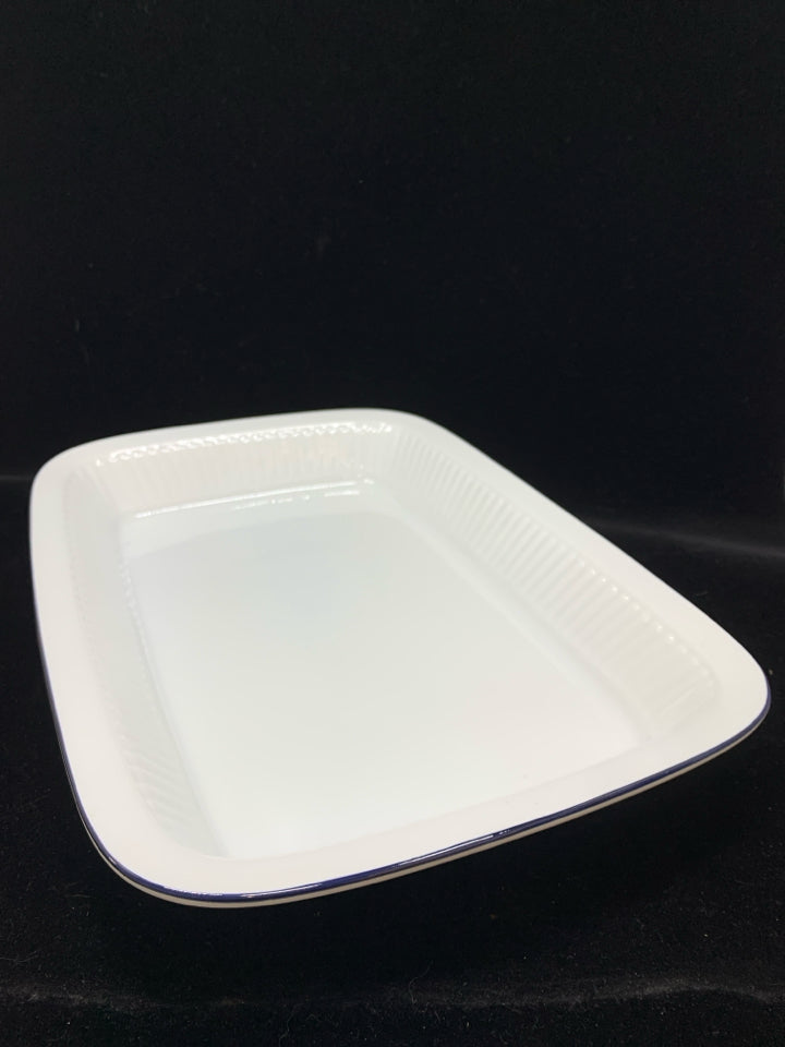 DANSK RECTANGLE BAKING DISH W/BLUE RIM.