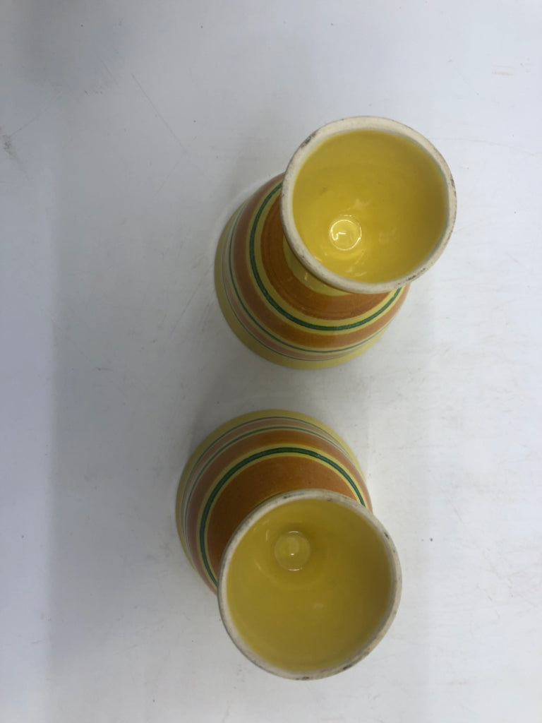 2 VTG YELLOW AND GREEN STRIPED EGG CUPS.