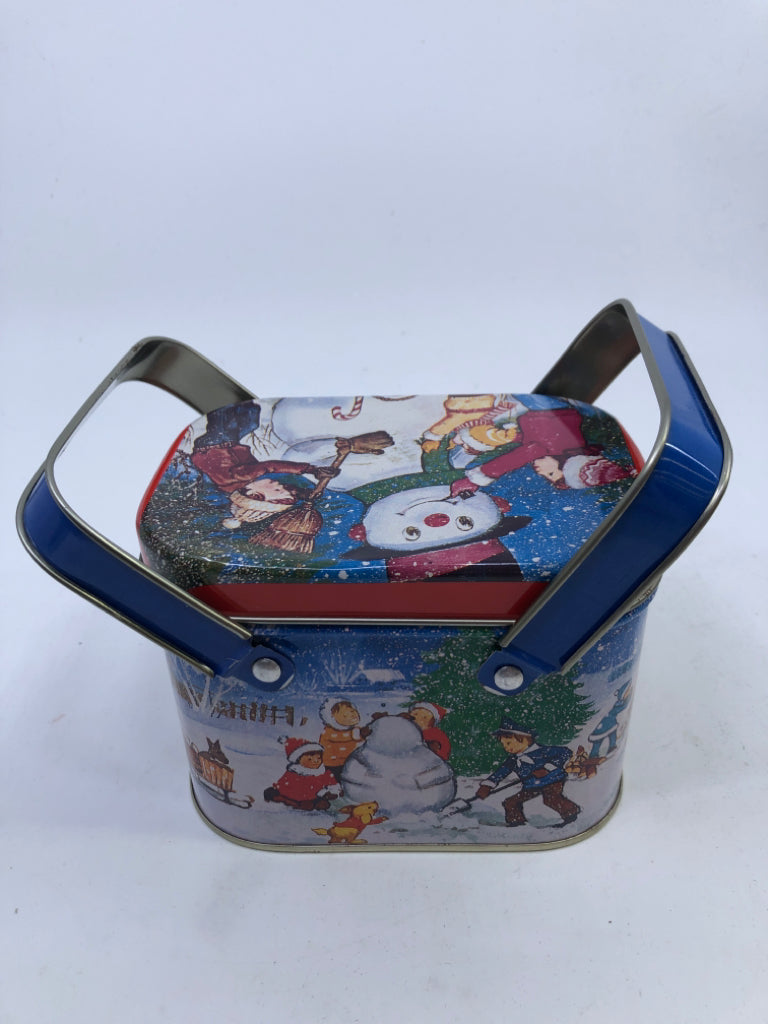 SMALL SNOWMAN TIN W DOUBLE HANDLES.