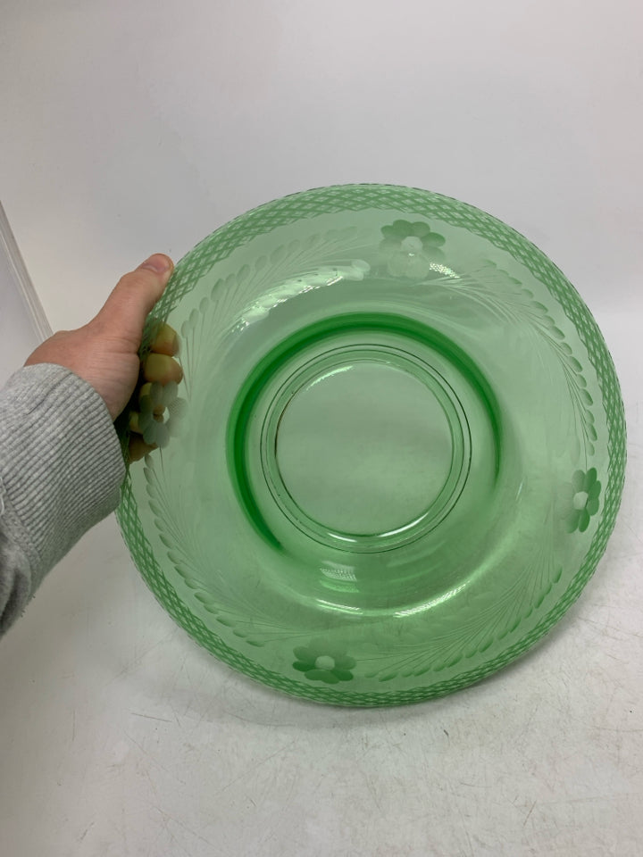 VTG GREEN DOME GLASS BOWL W/ ETCHED FLOWERS.