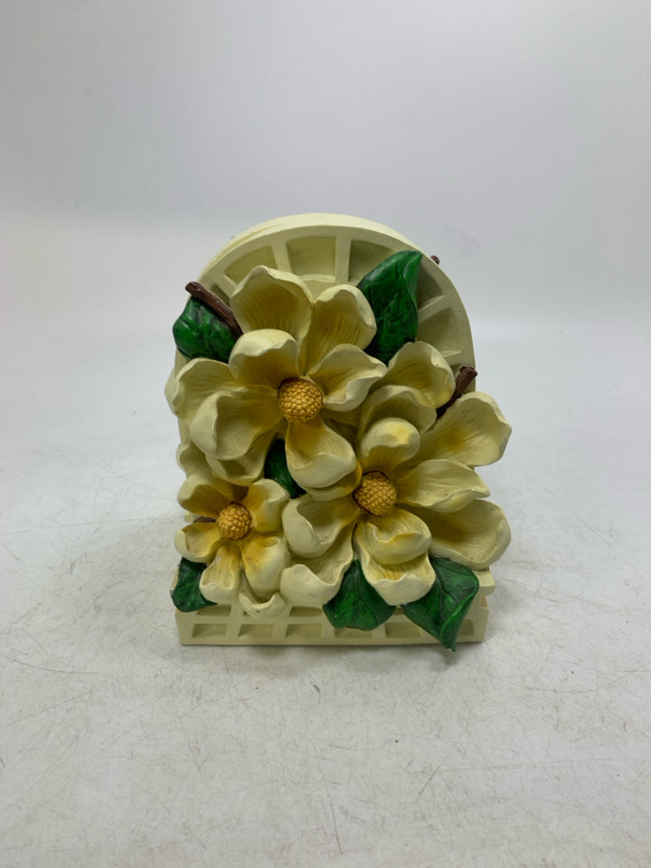 2 HEAVY RESIN ARCHED EMBOSSED YELLOW FLOWERS BOOK ENDS