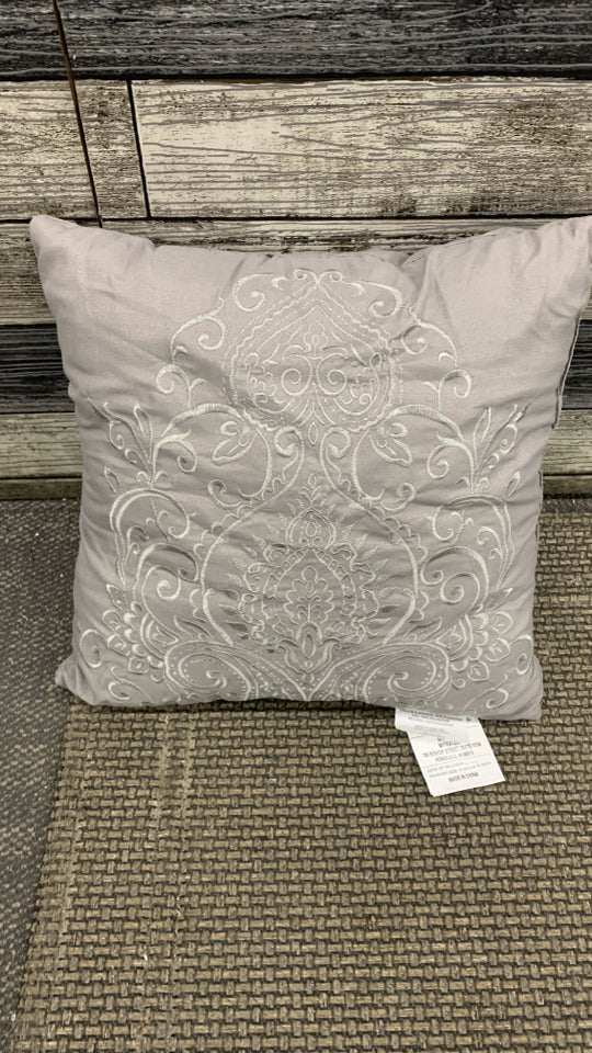 GREY EMBROIDERED ACCENT PILLOW.