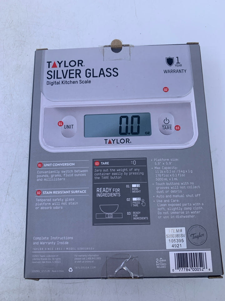 NIB TAYLOR SILVER GLASS DIGITAL KITCHEN SCALE.