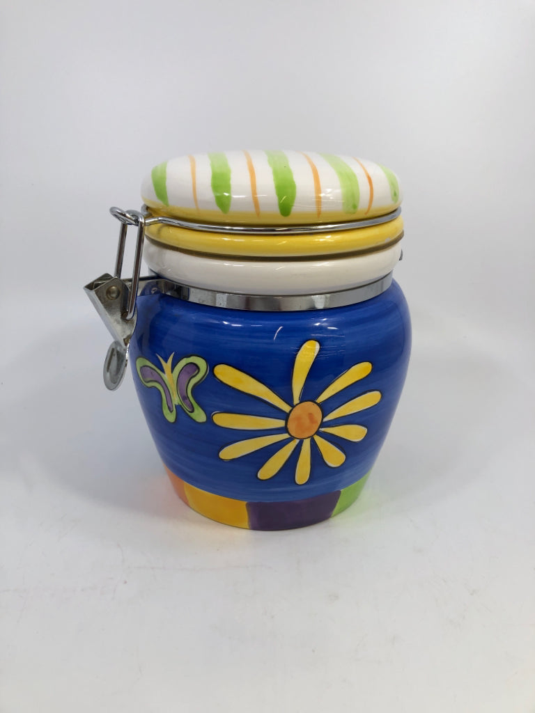 CERAMIC FLIP-TOP CANISTER HAND PAINTED FLORAL DESIGNS W/ STRIPE LID.