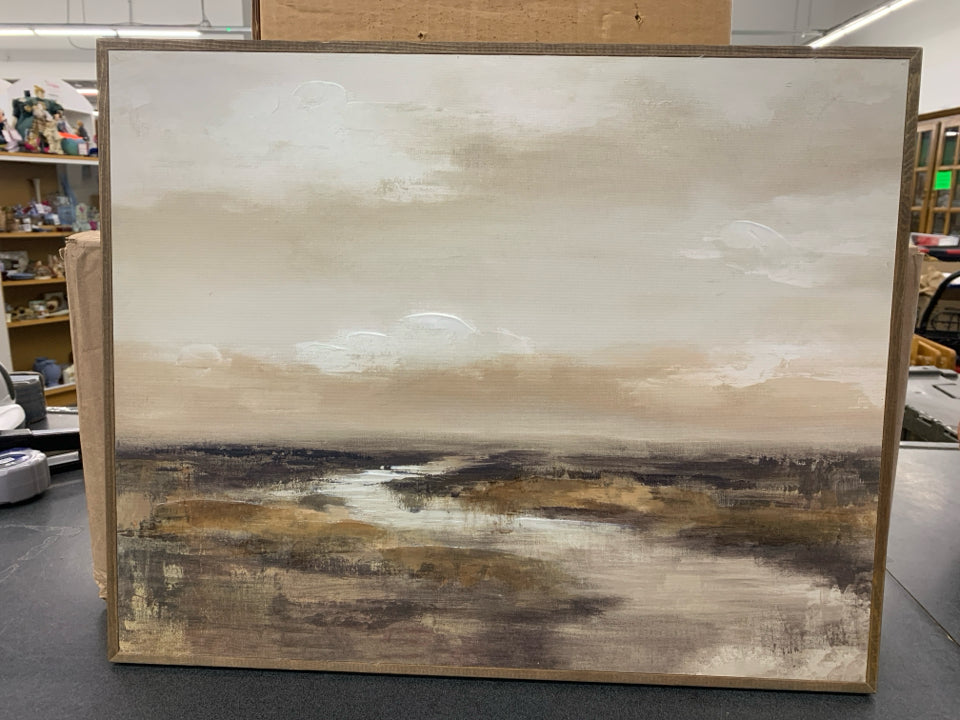 CLOUD SCENE IN WINTER COLOR BACKGROUND W BROWN FRAME.