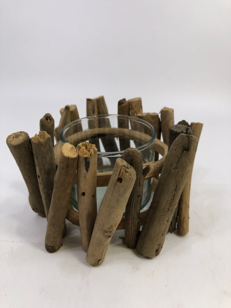 DRIFT WOOD CANDLE HOLDER W/GLASS.