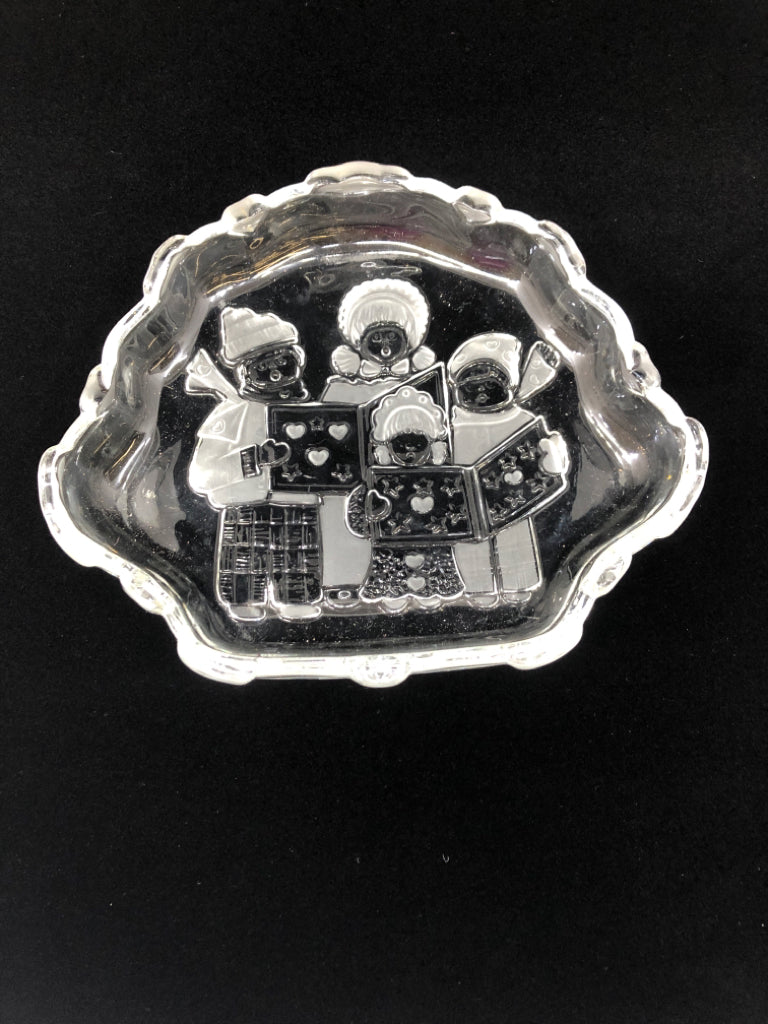 ETCHED GLASS CAROLERS DISH.