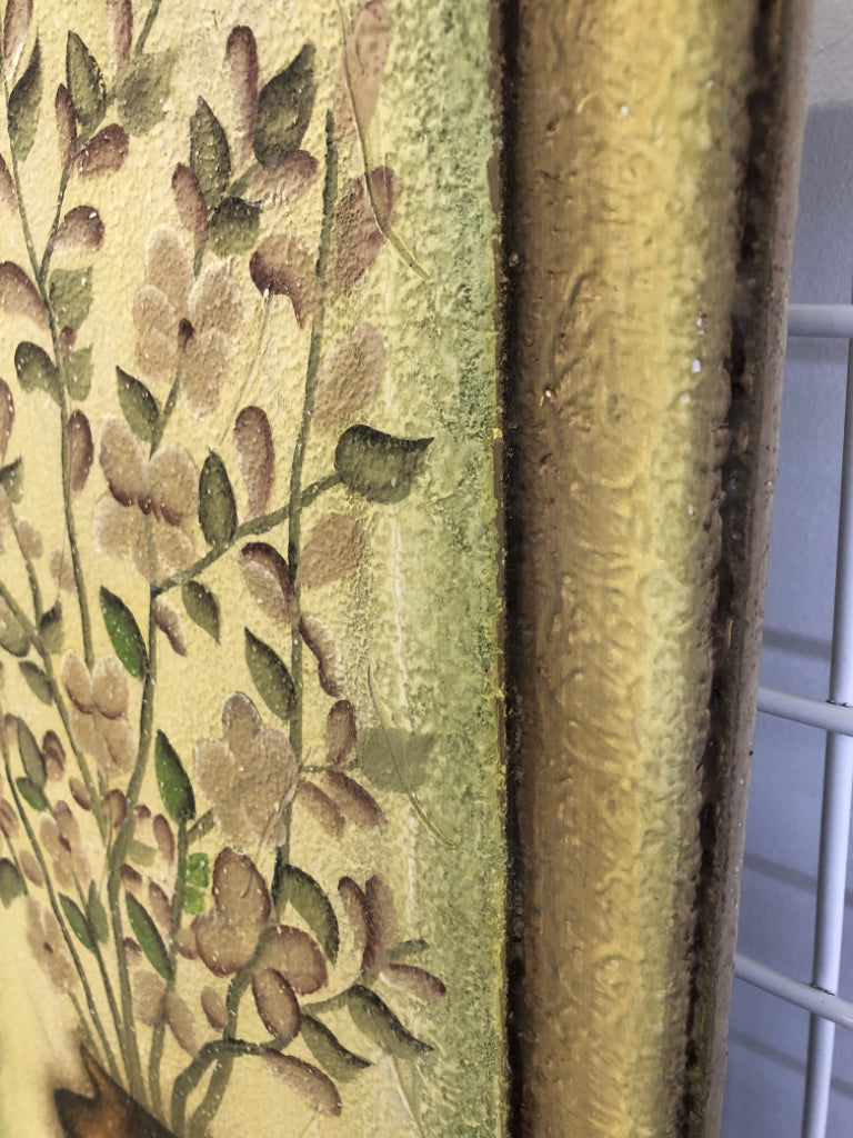 PINK FLORALS IN BROWN VASE ON TEXTURED CANVAS.