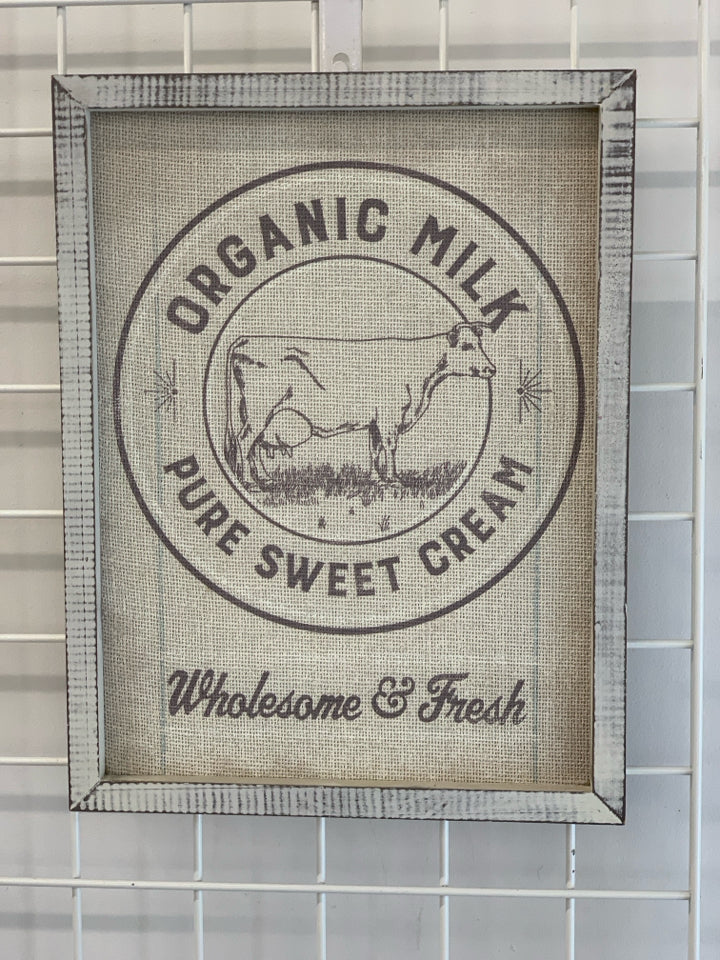 ORGANIC MILK BURLAP IN WHITE WASHED WALL HANGING.