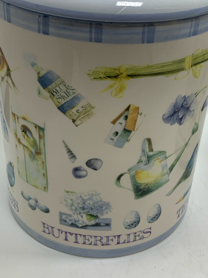 2 BLUE BIRDS AND BUTTERFLIES CANISTERS.
