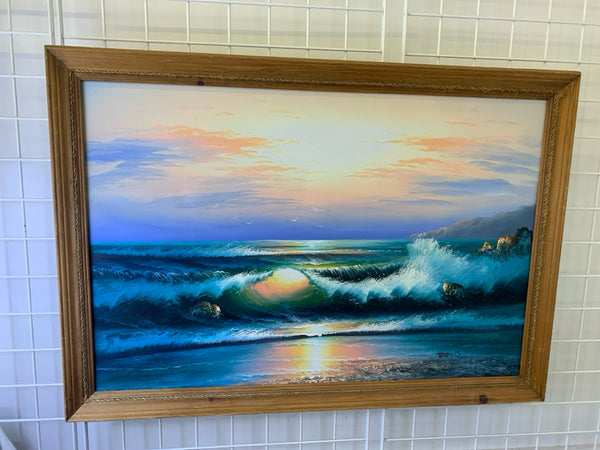 LARGE WAVE IN THE SUNSET SIGNED OIL PAINTING WOOD FRAME.