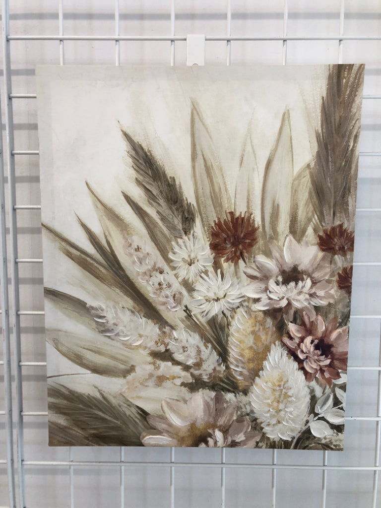 TEXTURED FLOWERS/WHEAT ON CANVAS.
