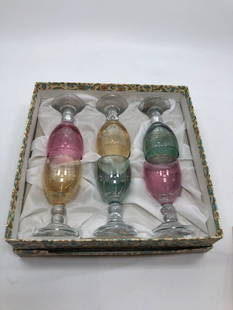 6 MULTI-COLORED IRIDESCENT ITALIAN GLASSES - J PREZIOSI - IN BOX.