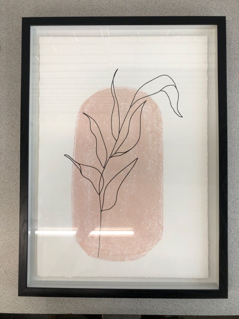 LINE ART LEAF W/PINK BG IN BLACK FRAME.