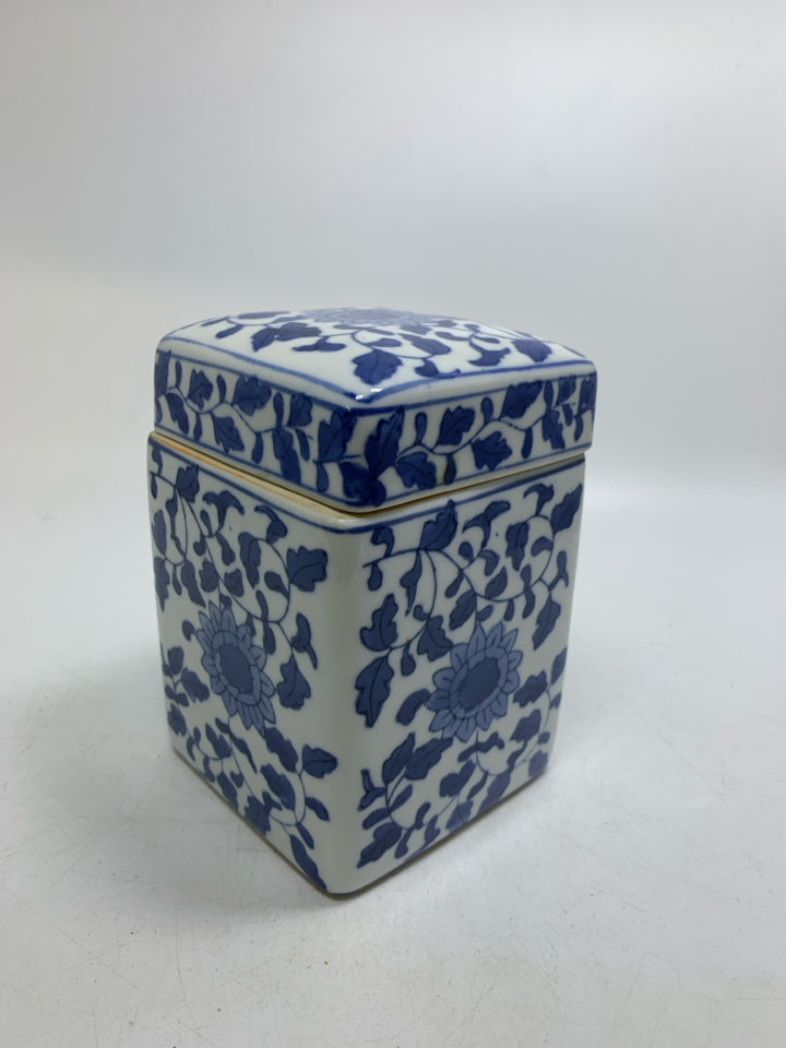 CERAMIC SQUARE CANISTER W/ BLUE FLORAL.