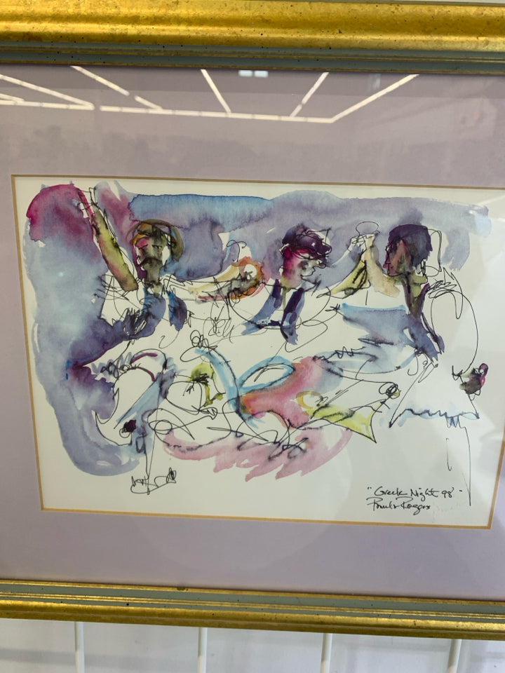 ABSTRACT WATERCOLOR "GREEK NIGHT" - SIGNED + FRAMED.