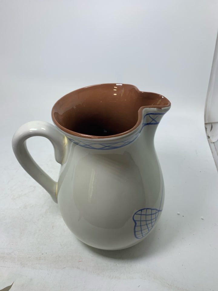 TERRA COTTA PITCHER W/ BLUE PAINTED FISH.