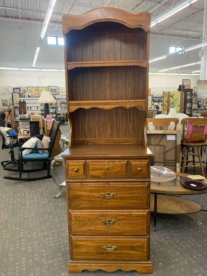 DARK WOOD TALL DRESSER HUTCH W/ 4 DRAWERS+ 2 SHELVES GOLD HARDWARE LEA THE BEDRO