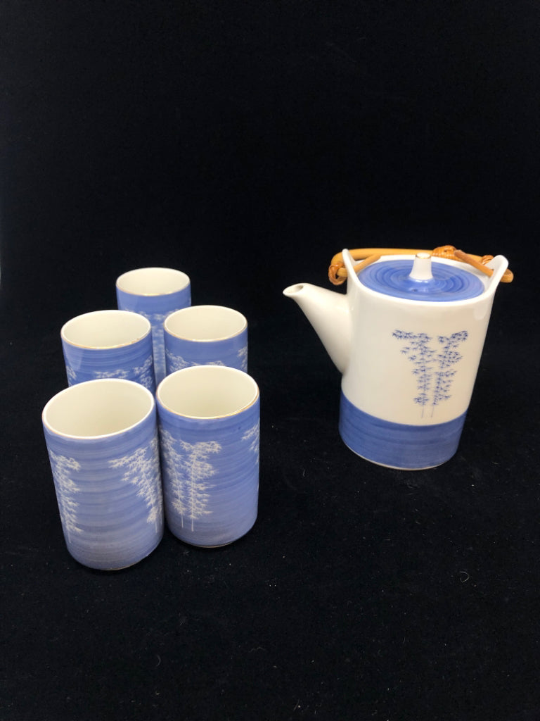 6PC BLUE JAPANESE TEAPOT SET W/PAINTED TREES.