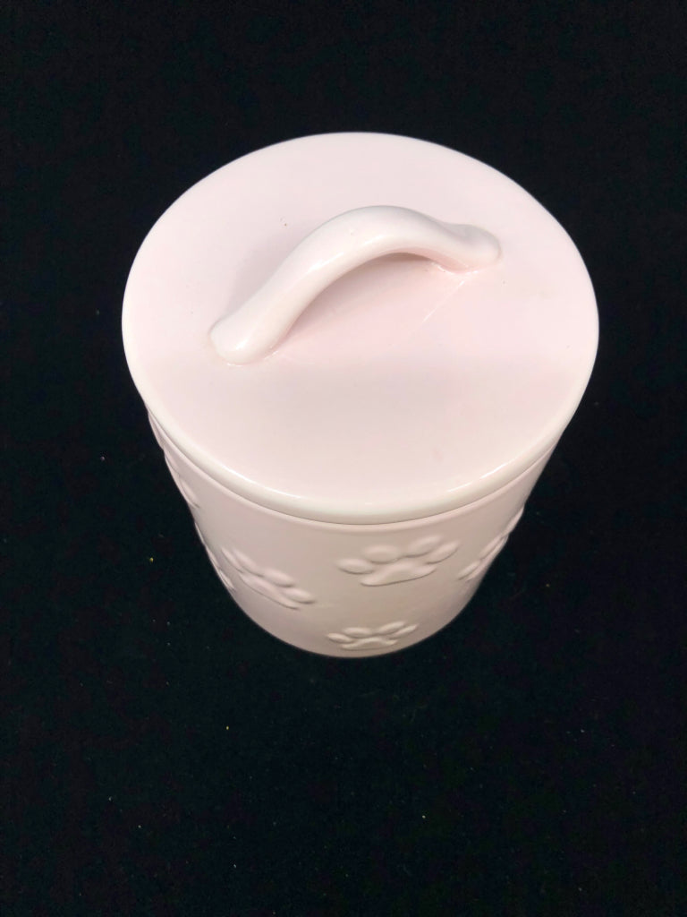 PINK CERAMIC TREAT JAR W/PAW PRINTS WINIFRED & LILY.