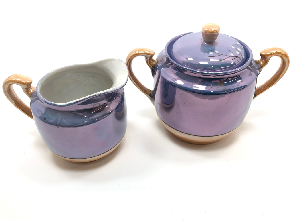 VTG BLUE & GOLD FLORAL CREAM & SUGAR SET.