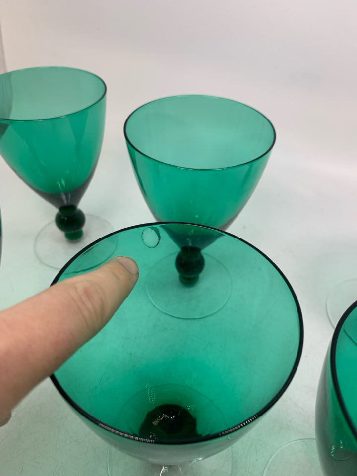 6 CLEAR STEM EMERALD GREEN GLASSES.