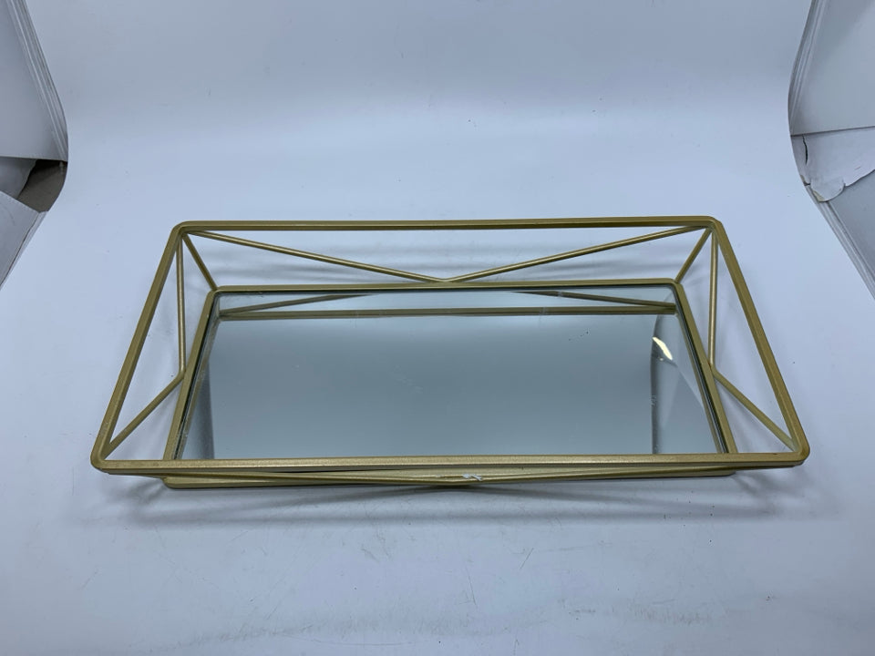 GOLD METAL CAGE RECTANGLE MIRROR TRAY.
