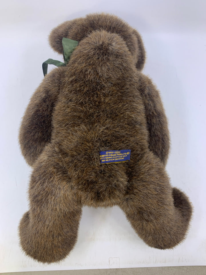 LARGE DARK BROWN BEAR W/ GREEN BOW.