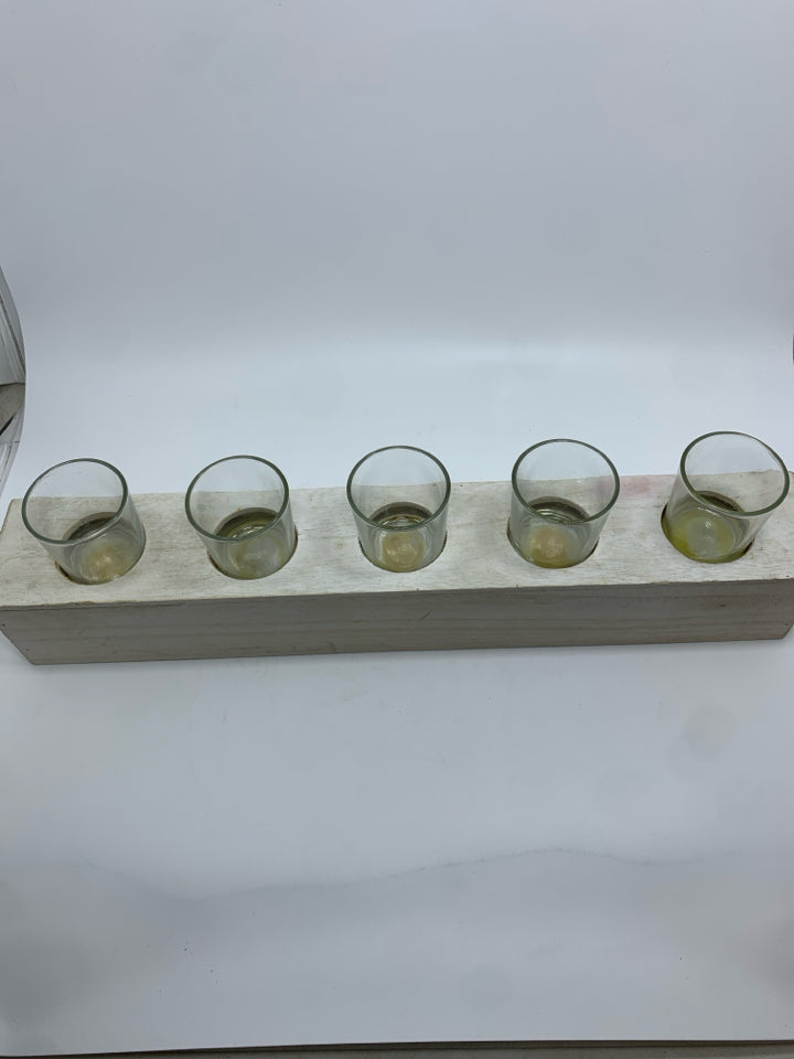 FARMHOUSE STYLE VOTIVE HOLDERS W/LIGHT WOOD BASE.