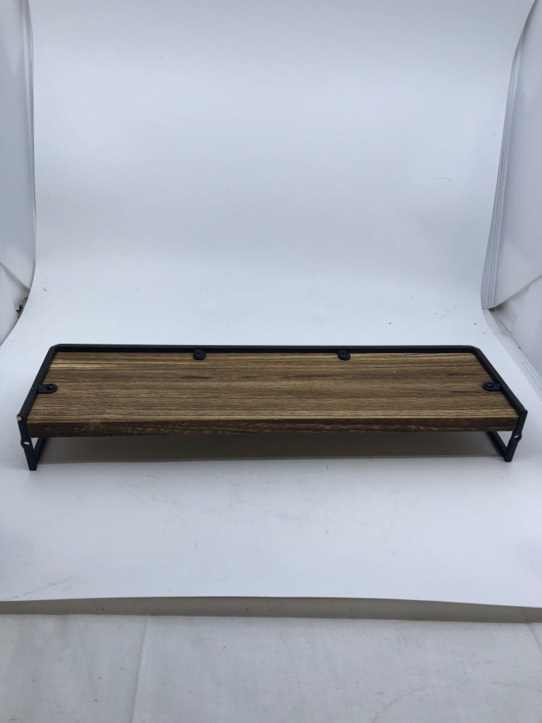 WOOD WALL SHELF W/ BLACK METAL EDGE.